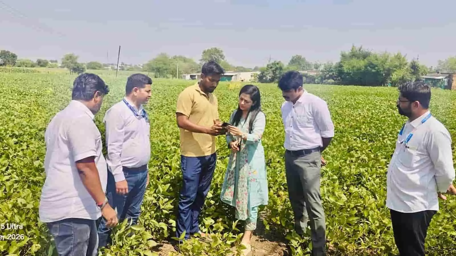 तस्वीर में खेत में खड़े होकर मोबाइल स्क्रीन पर ई-पीक पाहणी की प्रक्रिया समझते अधिकारी और स्थानीय किसान नजर आ रहे हैं। तस्वीर में खेत में खड़े होकर मोबाइल स्क्रीन पर ई-पीक पाहणी की प्रक्रिया समझते अधिकारी और स्थानीय किसान नजर आ रहे हैं।