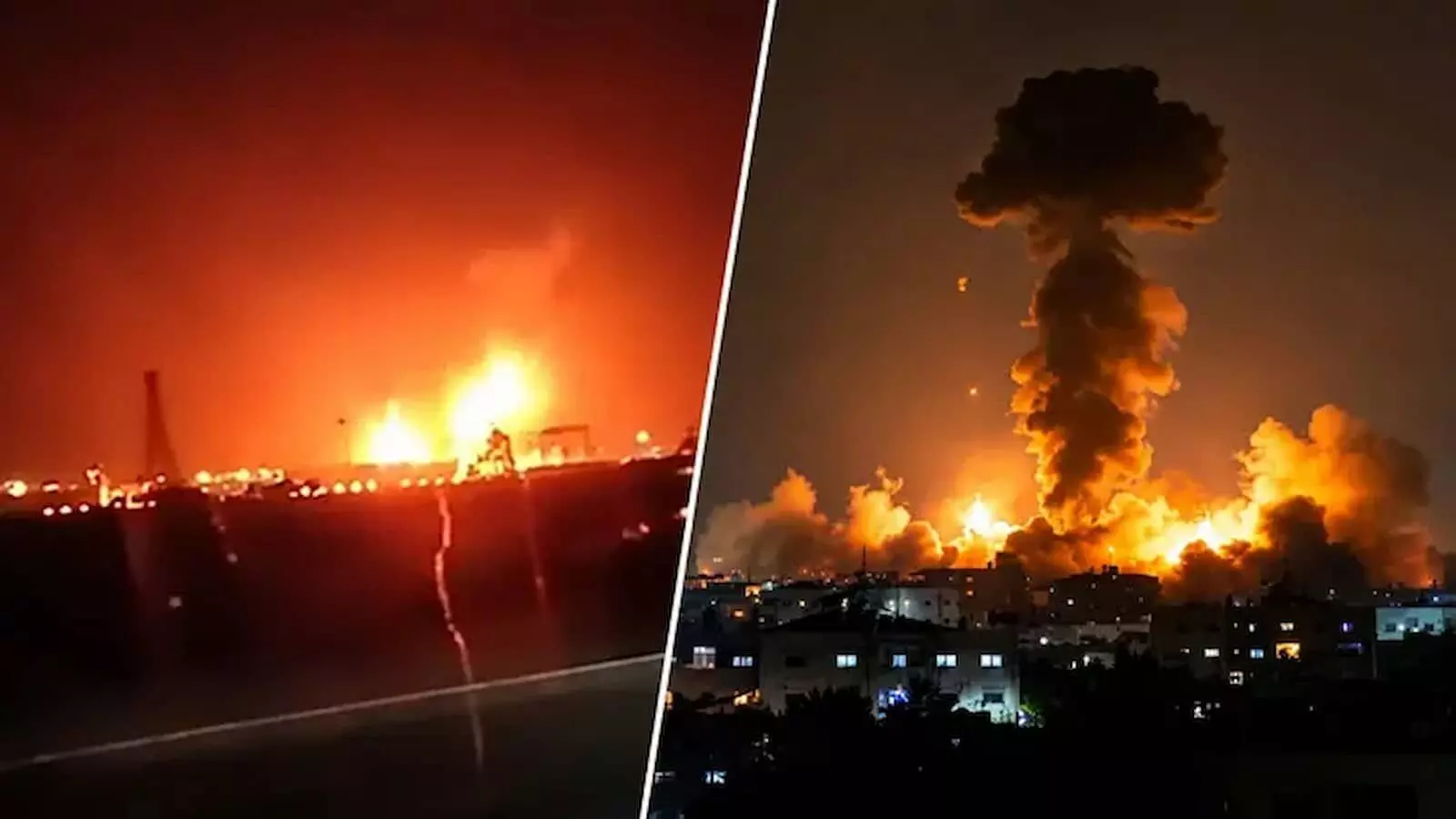 तस्वीर में एक शहर के पीछे रात के अंधेरे में भीषण धमाका और धुएं का छत्र दिख रहा है। तस्वीर में एक शहर के पीछे रात के अंधेरे में भीषण धमाका और धुएं का छत्र दिख रहा है।