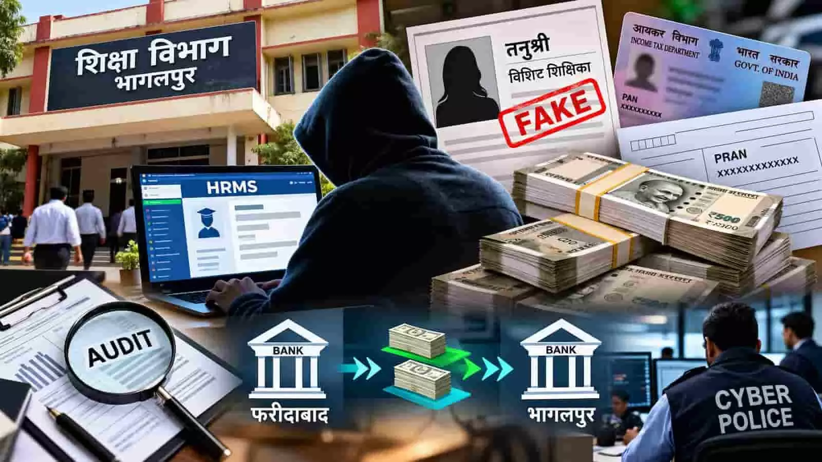 तस्वीर में दिख रही एक कम्पोजिट इमेज में भागलपुर शिक्षा विभाग की इमारत और डिजिटल जांच को दर्शाया गया है। तस्वीर में दिख रही एक कम्पोजिट इमेज में भागलपुर शिक्षा विभाग की इमारत और डिजिटल जांच को दर्शाया गया है।
