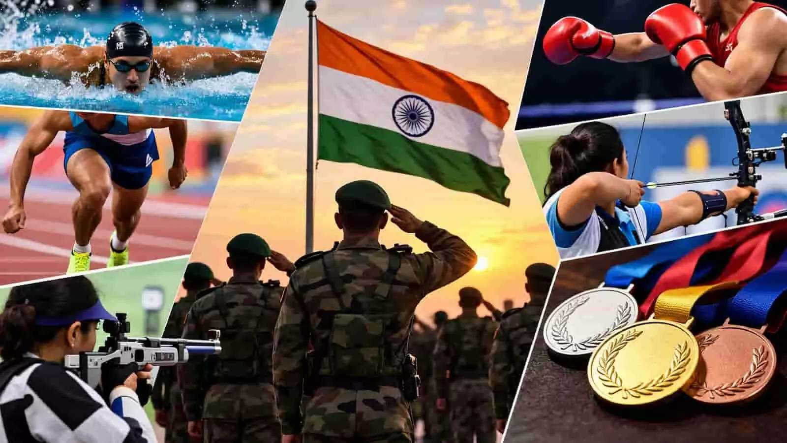 तस्वीर में सैल्यूट करते सैन्य जवान, राष्ट्रीय ध्वज, विभिन्न एथलीट और स्वर्ण, रजत एवं कांस्य पदक दिखाई दे रहे हैं। तस्वीर में सैल्यूट करते सैन्य जवान, राष्ट्रीय ध्वज, विभिन्न एथलीट और स्वर्ण, रजत एवं कांस्य पदक दिखाई दे रहे हैं।