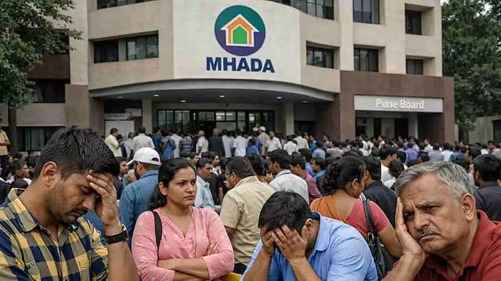 तस्वीर में म्हाडा पुणे बोर्ड कार्यालय के सामने बैठे आवेदक सिर पर हाथ रखे चिंतित खड़े लोगों के साथ दिखाई दे रहे हैं। तस्वीर में म्हाडा पुणे बोर्ड कार्यालय के सामने बैठे आवेदक सिर पर हाथ रखे चिंतित खड़े लोगों के साथ दिखाई दे रहे हैं।