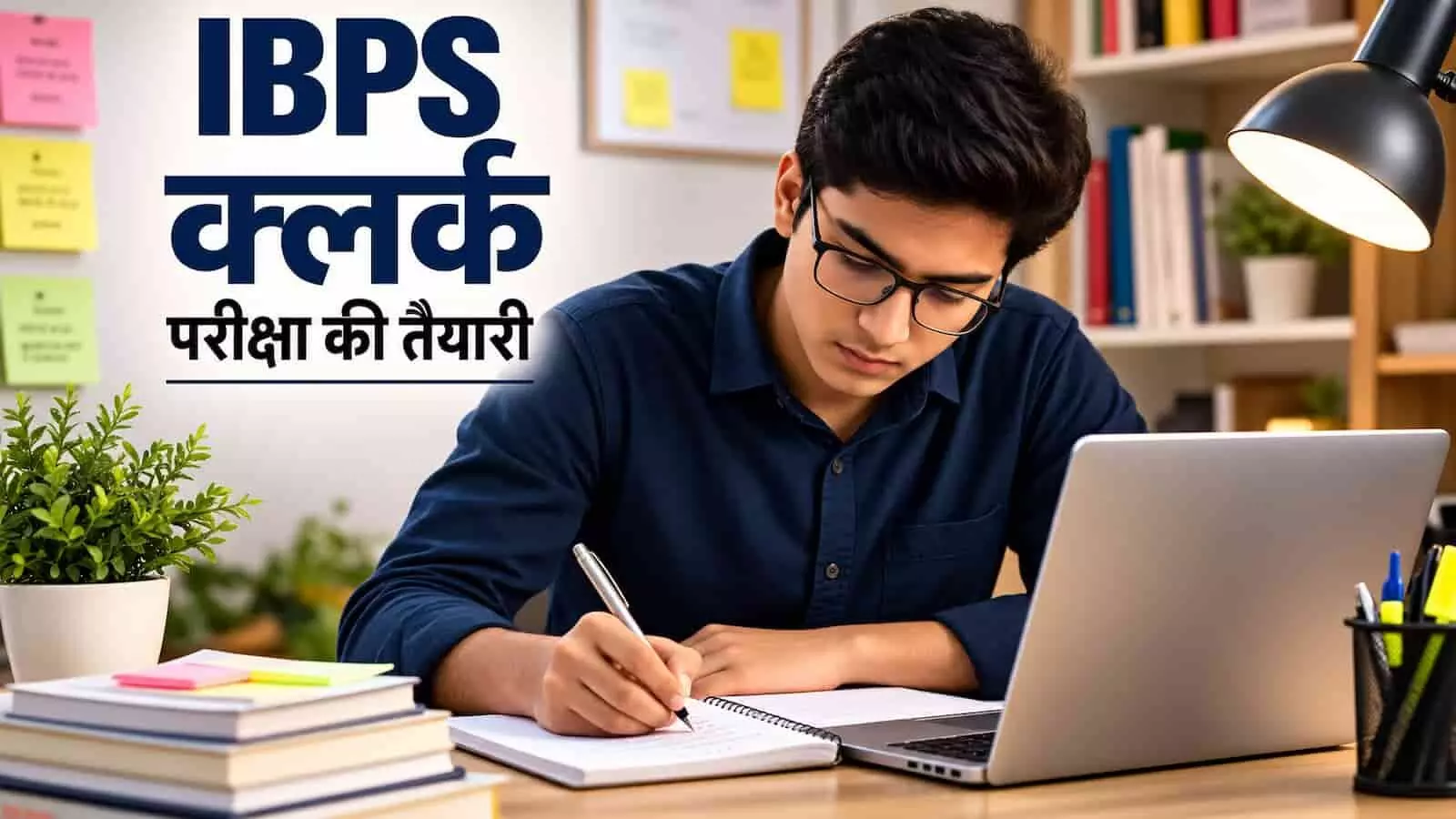 चश्मा पहने एक छात्र लैपटॉप के सामने बैठकर पेन से अपनी कॉपी में लिख रहा है। चश्मा पहने एक छात्र लैपटॉप के सामने बैठकर पेन से अपनी कॉपी में लिख रहा है।