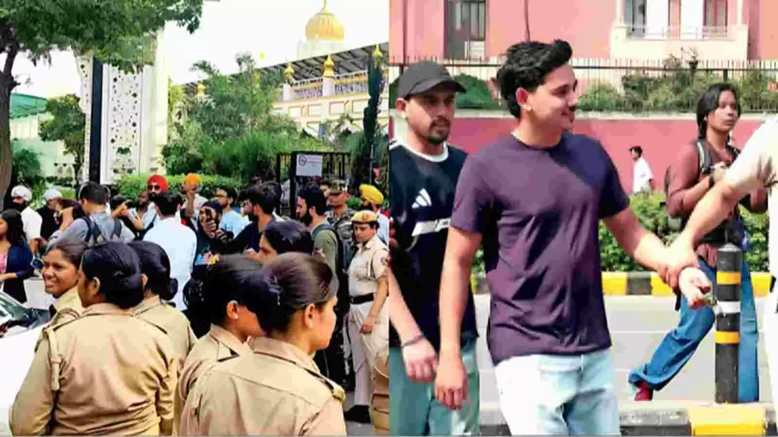 सड़क पर पुलिसकर्मी प्रदर्शनकारी छात्रों को पकड़कर ले जाते हुए नजर आ रहे हैं| सड़क पर पुलिसकर्मी प्रदर्शनकारी छात्रों को पकड़कर ले जाते हुए नजर आ रहे हैं|