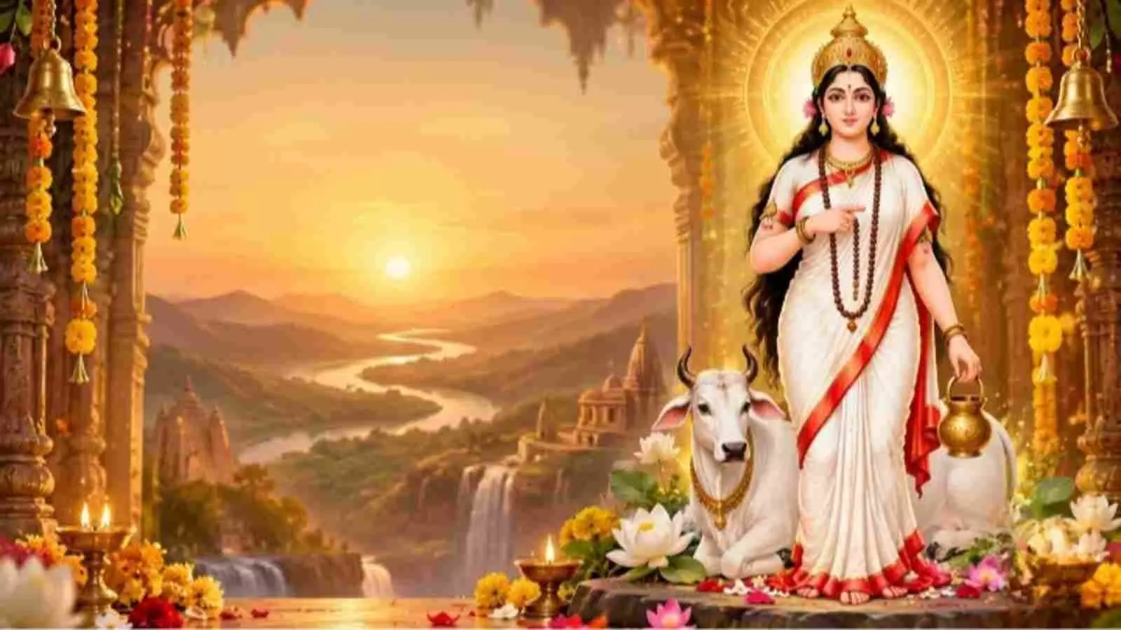 श्वेत वस्त्र धारण किए हाथ में कमंडल लिए मां ब्रह्मचारिणी का स्वरूप पूजा संदर्भ में दिखाई दे रहा है। श्वेत वस्त्र धारण किए हाथ में कमंडल लिए मां ब्रह्मचारिणी का स्वरूप पूजा संदर्भ में दिखाई दे रहा है।