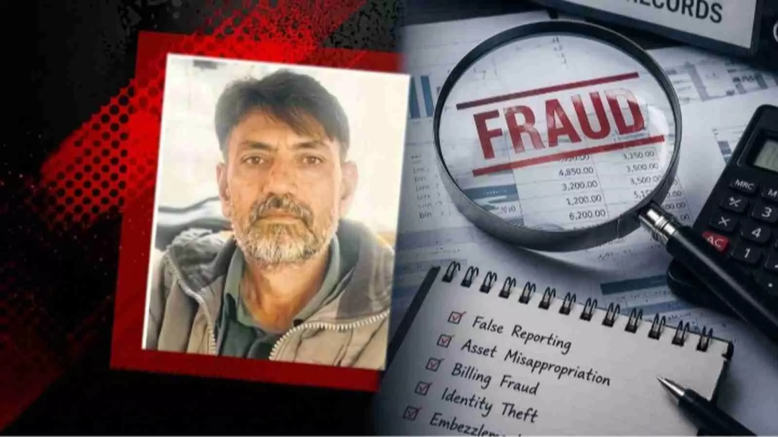 दस्तावेजों की जांच करते हुए और धोखाधड़ी के मामले में पकड़े गए आरोपी की तस्वीर दिखाई दे रही है। दस्तावेजों की जांच करते हुए और धोखाधड़ी के मामले में पकड़े गए आरोपी की तस्वीर दिखाई दे रही है।