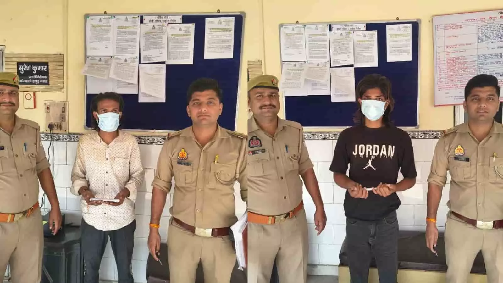 हापुड़ नगर थाने में पुलिस द्वारा चेकिंग के दौरान अवैध चाकू के साथ पकड़े गए दोनों आरोपी। हापुड़ नगर थाने में पुलिस द्वारा चेकिंग के दौरान अवैध चाकू के साथ पकड़े गए दोनों आरोपी।
