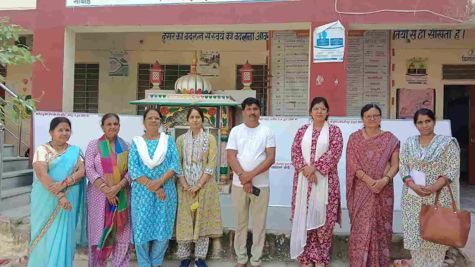 जीनापुर के सरकारी स्कूल परिसर में मार्कर बोर्ड भेंट कार्यक्रम के दौरान खड़े शिक्षक और स्थानीय भामाशाह। जीनापुर के सरकारी स्कूल परिसर में मार्कर बोर्ड भेंट कार्यक्रम के दौरान खड़े शिक्षक और स्थानीय भामाशाह।