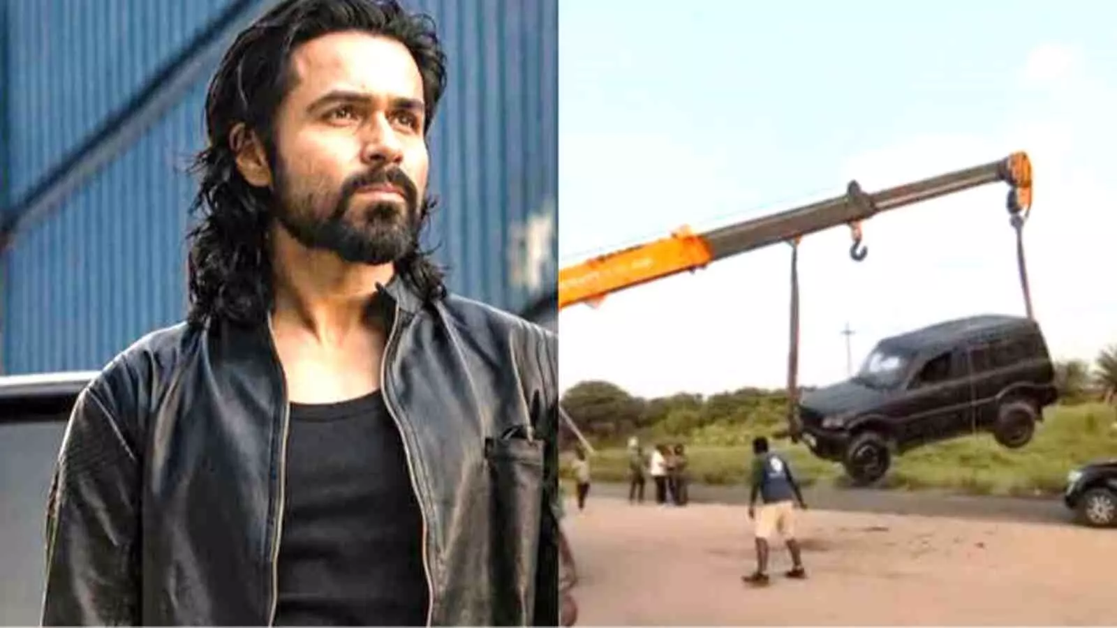 काले रंग की चमड़े की जैकेट पहने अभिनेता इमरान हाशमी और सेट पर क्रेन से लटकी गाड़ी। काले रंग की चमड़े की जैकेट पहने अभिनेता इमरान हाशमी और सेट पर क्रेन से लटकी गाड़ी।