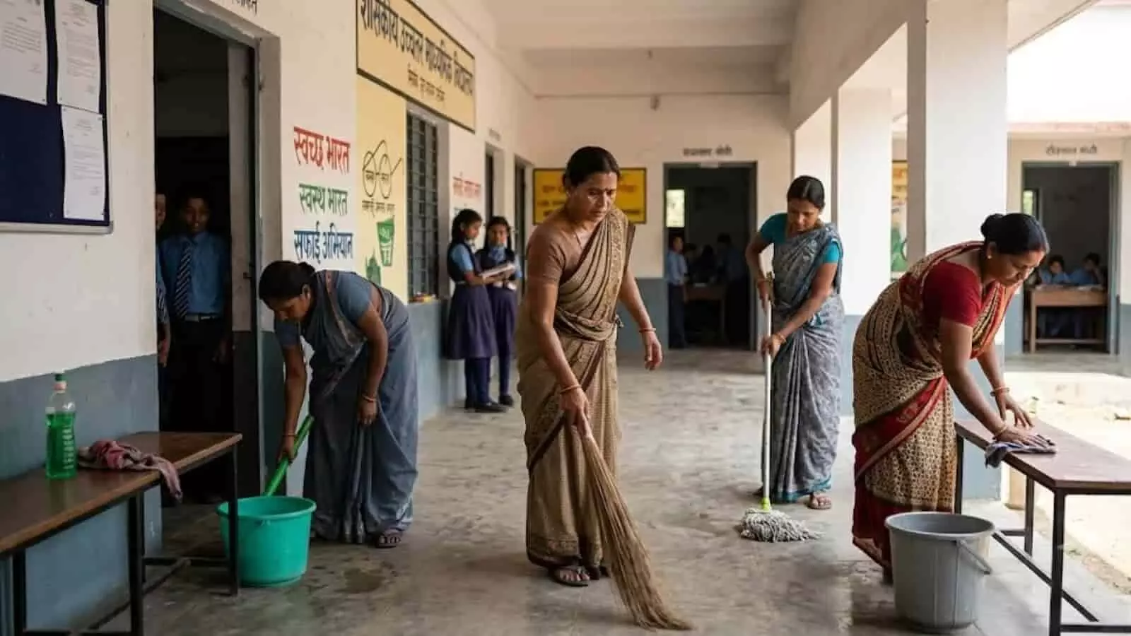 तस्वीर में हरियाणा के प्राथमिक विद्यालय परिसर में महिलाएं झाड़ू और पोछा लगाकर सफाई करती दिख रही हैं। तस्वीर में हरियाणा के प्राथमिक विद्यालय परिसर में महिलाएं झाड़ू और पोछा लगाकर सफाई करती दिख रही हैं।