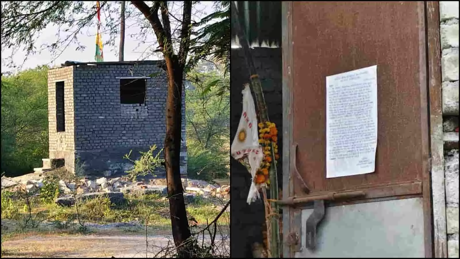 तस्वीर में बड़वाई वेटलैंड क्षेत्र में हुआ अवैध पक्का निर्माण और लोहे के दरवाजे पर चस्पा नोटिस दिख रहा है। तस्वीर में बड़वाई वेटलैंड क्षेत्र में हुआ अवैध पक्का निर्माण और लोहे के दरवाजे पर चस्पा नोटिस दिख रहा है।