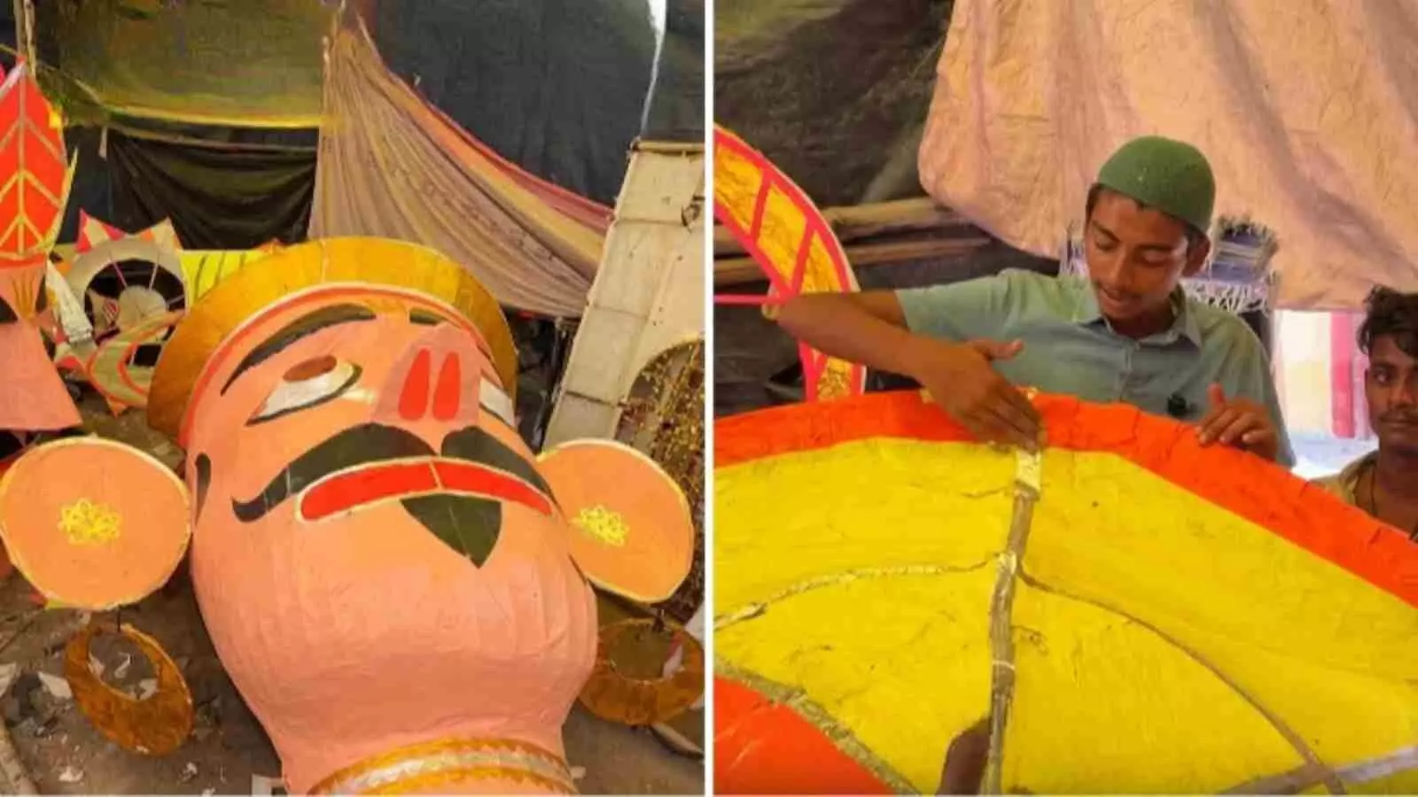 कानपुर में दशहरे के लिए रावण का पुतला तैयार करता एक कारीगर। कानपुर में दशहरे के लिए रावण का पुतला तैयार करता एक कारीगर।