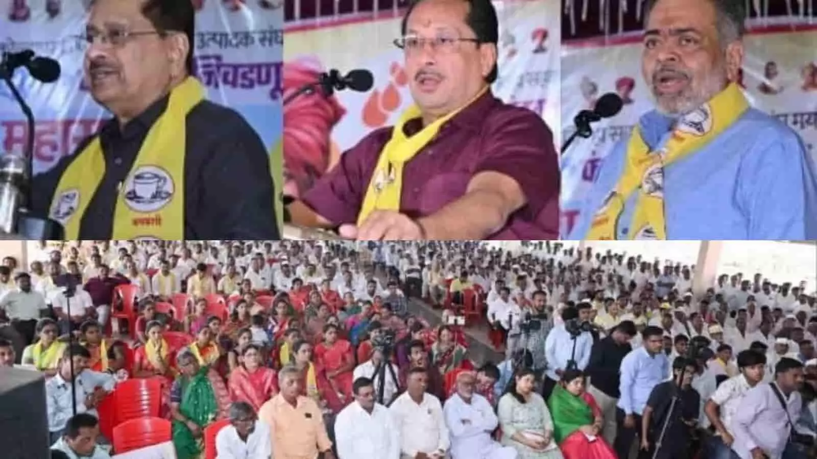 तस्वीर में कोतोली में आयोजित गोकुल चुनाव सम्मेलन के दौरान मंच से बोलते नेता और उपस्थित सदस्य visible हैं। तस्वीर में कोतोली में आयोजित गोकुल चुनाव सम्मेलन के दौरान मंच से बोलते नेता और उपस्थित सदस्य visible हैं।