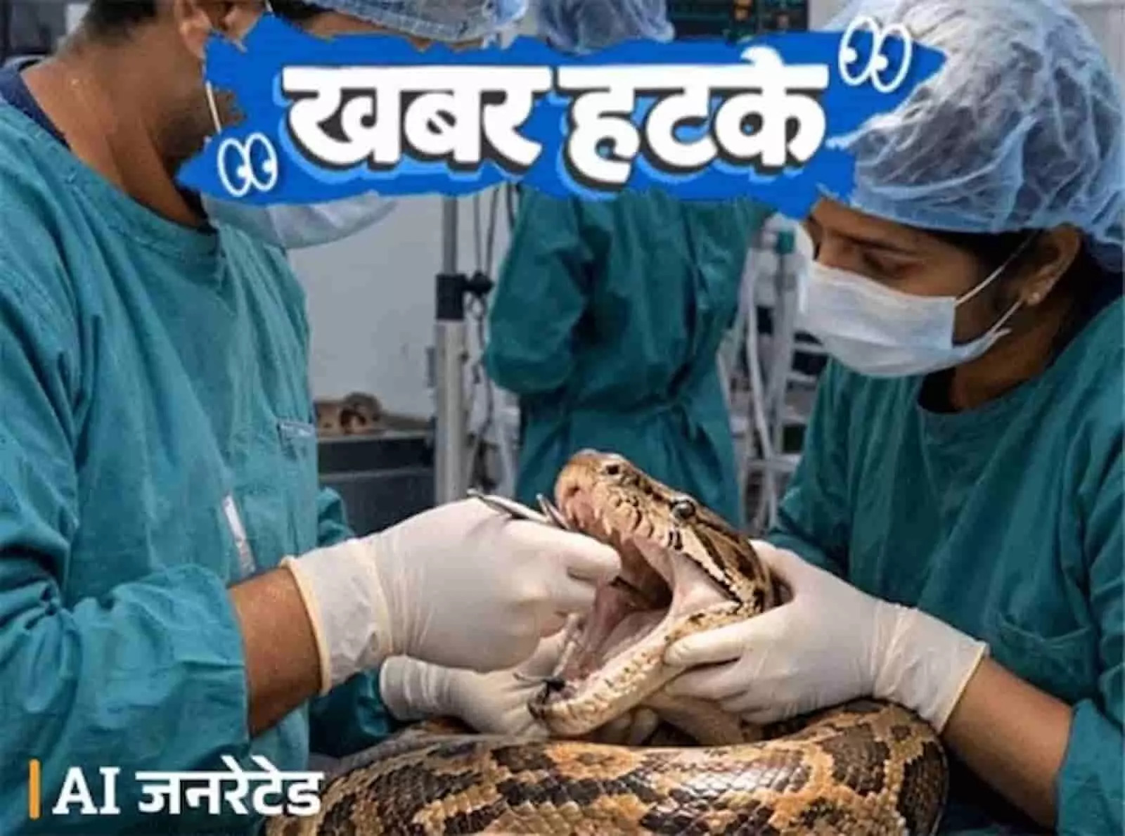 रायपुर में चिकित्सकों की टीम अजगर के मुंह से ट्यूमर निकालने की जटिल सर्जरी प्रक्रिया के दौरान जांच करते हुए। Image generated by AI for illustrative purposes. रायपुर में चिकित्सकों की टीम अजगर के मुंह से ट्यूमर निकालने की जटिल सर्जरी प्रक्रिया के दौरान जांच करते हुए। Image generated by AI for illustrative purposes.