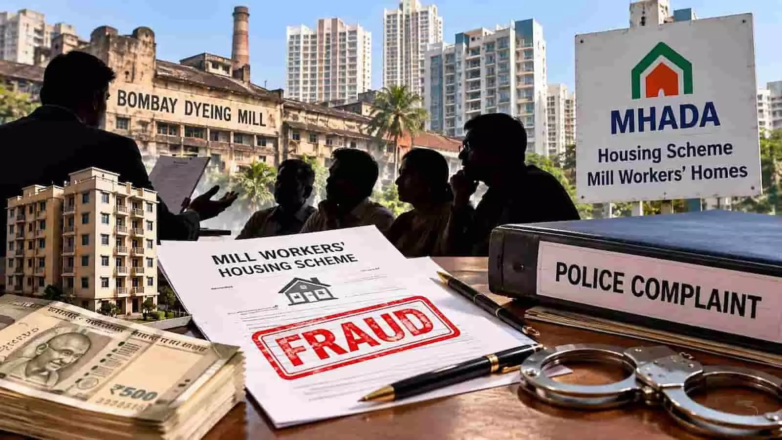 तस्वीर में म्हाडा योजना के दस्तावेज और दादर में फ्लैट धोखाधड़ी से जुड़ी सामग्री दिख रही है। तस्वीर में म्हाडा योजना के दस्तावेज और दादर में फ्लैट धोखाधड़ी से जुड़ी सामग्री दिख रही है।