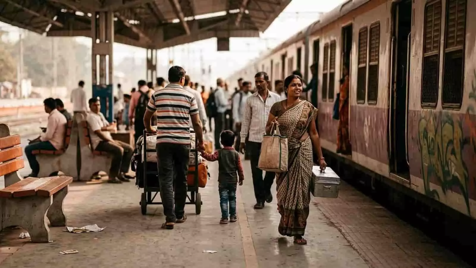 तस्वीर में रेलवे स्टेशन पर यात्रियों की भीड़ दिखाई दे रही है जो दिवाली और छठ पूजा पर घर जाने के लिए ट्रेन का इंतजार कर रहे हैं। तस्वीर में रेलवे स्टेशन पर यात्रियों की भीड़ दिखाई दे रही है जो दिवाली और छठ पूजा पर घर जाने के लिए ट्रेन का इंतजार कर रहे हैं।
