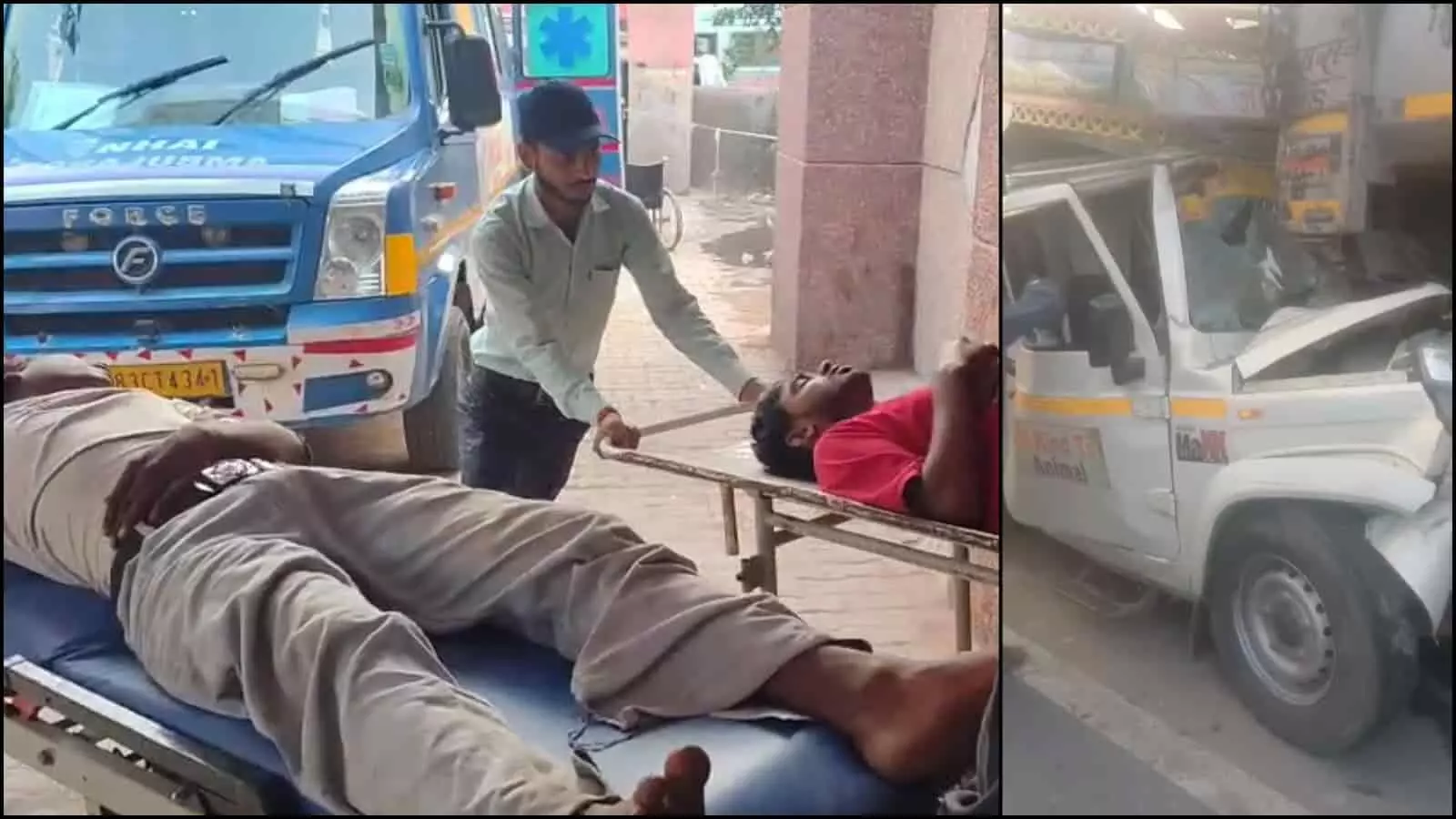 तस्वीर में सड़क हादसे के घायल लोग स्ट्रेचर पर और क्षतिग्रस्त पिकअप एटा में दिख रही है। तस्वीर में सड़क हादसे के घायल लोग स्ट्रेचर पर और क्षतिग्रस्त पिकअप एटा में दिख रही है।