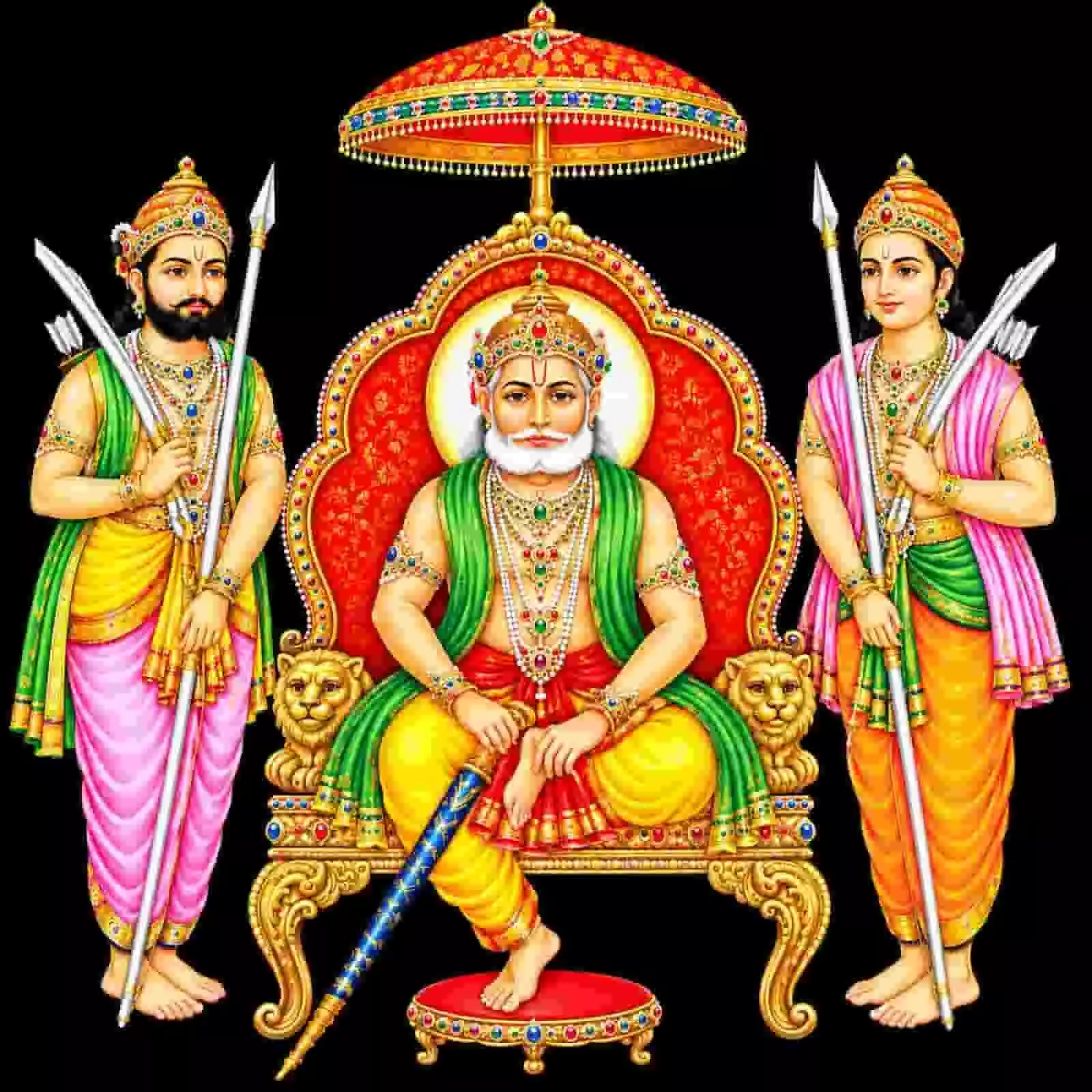 तस्वीर में सिंहासन पर बैठे भगवान श्री अजमीढ़ महाराज और दोनों तरफ प्रहरी दिख रहे हैं। तस्वीर में सिंहासन पर बैठे भगवान श्री अजमीढ़ महाराज और दोनों तरफ प्रहरी दिख रहे हैं।