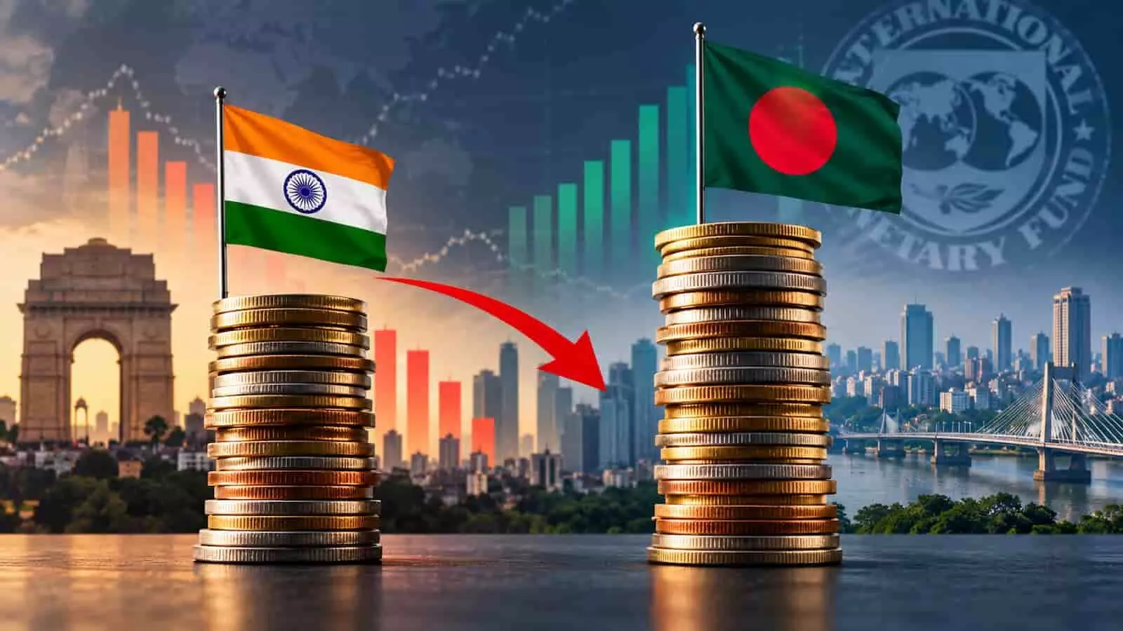 तस्वीर में भारत और बांग्लादेश के झंडों के साथ सिक्कों के ढेर और आईएमएफ का प्रतीक दिख रहा है। तस्वीर में भारत और बांग्लादेश के झंडों के साथ सिक्कों के ढेर और आईएमएफ का प्रतीक दिख रहा है।