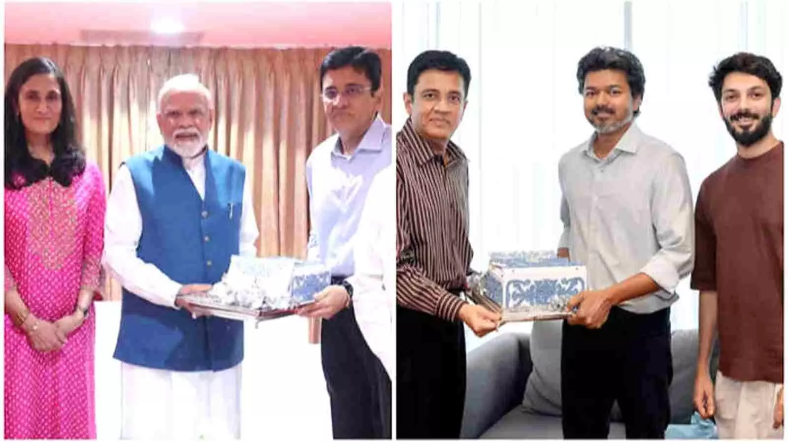 कलानिधि मारन द्वारा प्रधानमंत्री मोदी और मुख्यमंत्री विजय को शादी के रिसेप्शन का निमंत्रण देते हुए। कलानिधि मारन द्वारा प्रधानमंत्री मोदी और मुख्यमंत्री विजय को शादी के रिसेप्शन का निमंत्रण देते हुए।