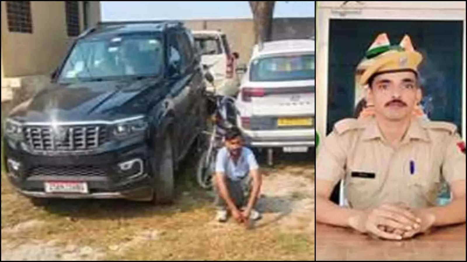 तस्वीर में ज़ब्त गाड़ियों के पास बैठा साइबर ठगी का आरोपी और पुलिस अधिकारी दिख रहे हैं। तस्वीर में ज़ब्त गाड़ियों के पास बैठा साइबर ठगी का आरोपी और पुलिस अधिकारी दिख रहे हैं।