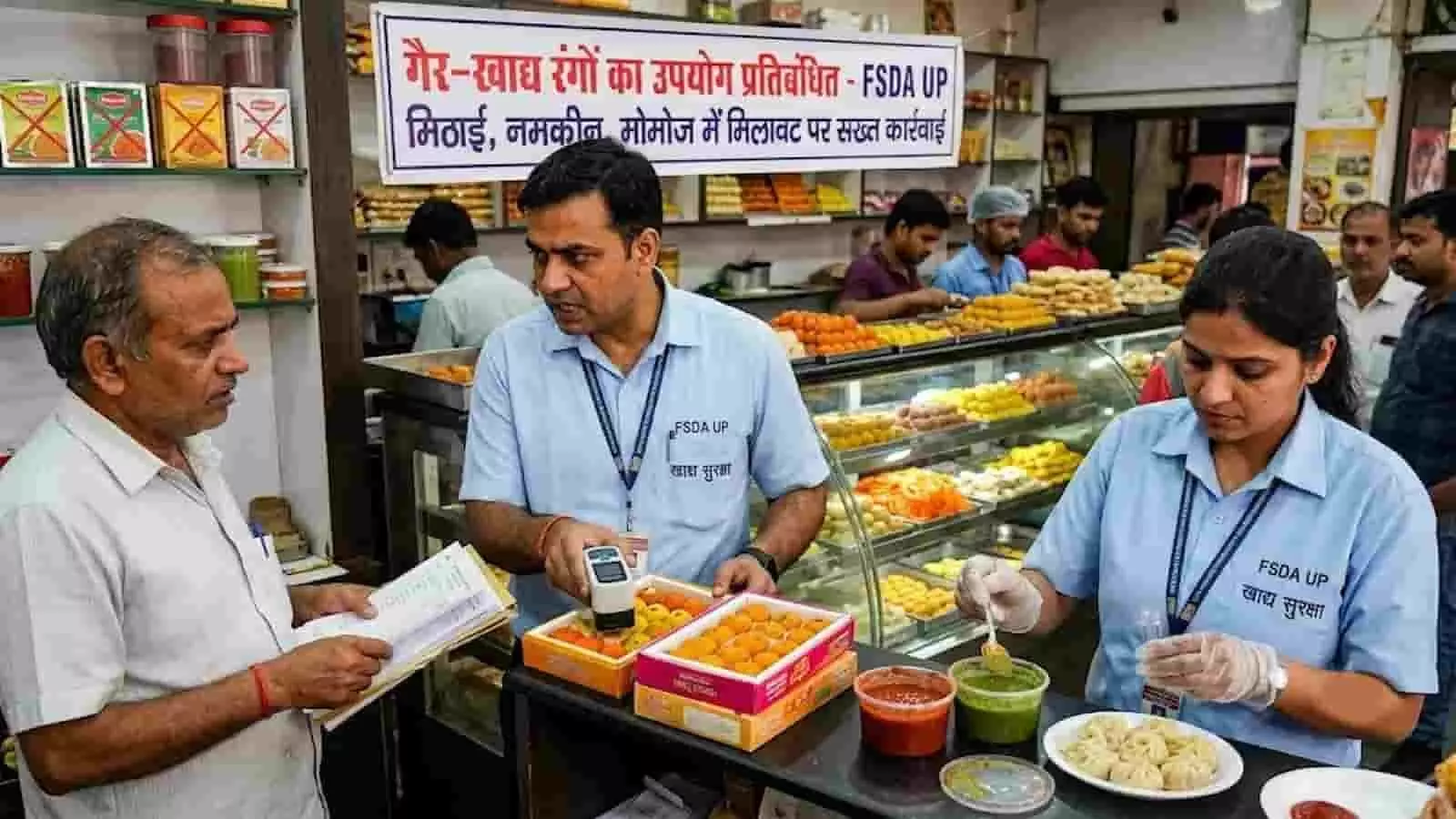 तस्वीर में एफएसडीए अधिकारी उत्तर प्रदेश की दुकान में मिठाई और खाद्य रंगों की जांच कर रहे हैं। तस्वीर में एफएसडीए अधिकारी उत्तर प्रदेश की दुकान में मिठाई और खाद्य रंगों की जांच कर रहे हैं।