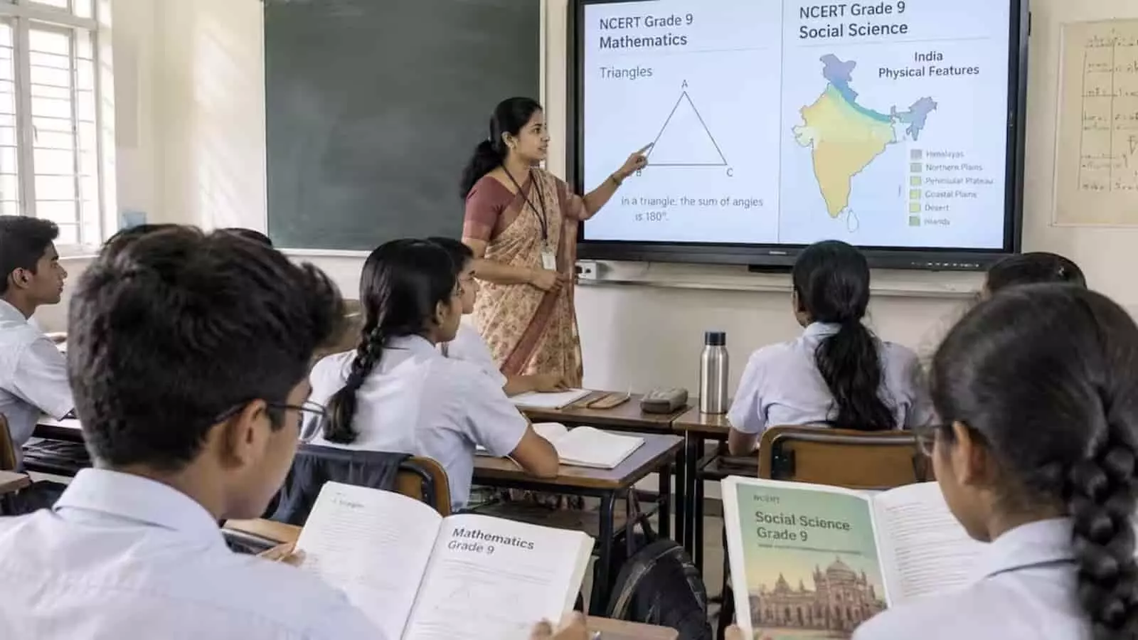 तस्वीर में एक शिक्षिका स्मार्ट बोर्ड के पास खड़े होकर कक्षा में विद्यार्थियों को पढ़ा रही हैं। तस्वीर में एक शिक्षिका स्मार्ट बोर्ड के पास खड़े होकर कक्षा में विद्यार्थियों को पढ़ा रही हैं।