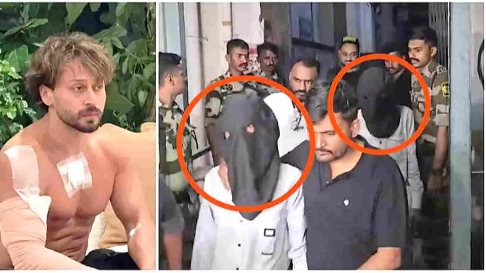मुंह ढके हुए आरोपियों को लेकर जाती पुलिस और घायल अवस्था में बैठे टाइगर श्रॉफ। मुंह ढके हुए आरोपियों को लेकर जाती पुलिस और घायल अवस्था में बैठे टाइगर श्रॉफ।