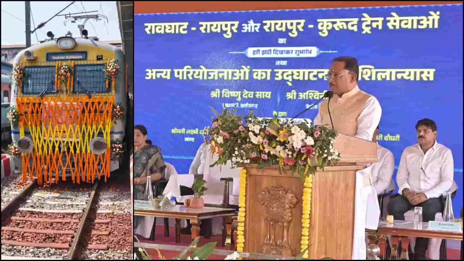 तस्वीर में छत्तीसगढ़ के मुख्यमंत्री विष्णु देव साय भाषण देते हुए और बगल में सजी हुई ट्रेन दिख रही है। तस्वीर में छत्तीसगढ़ के मुख्यमंत्री विष्णु देव साय भाषण देते हुए और बगल में सजी हुई ट्रेन दिख रही है।