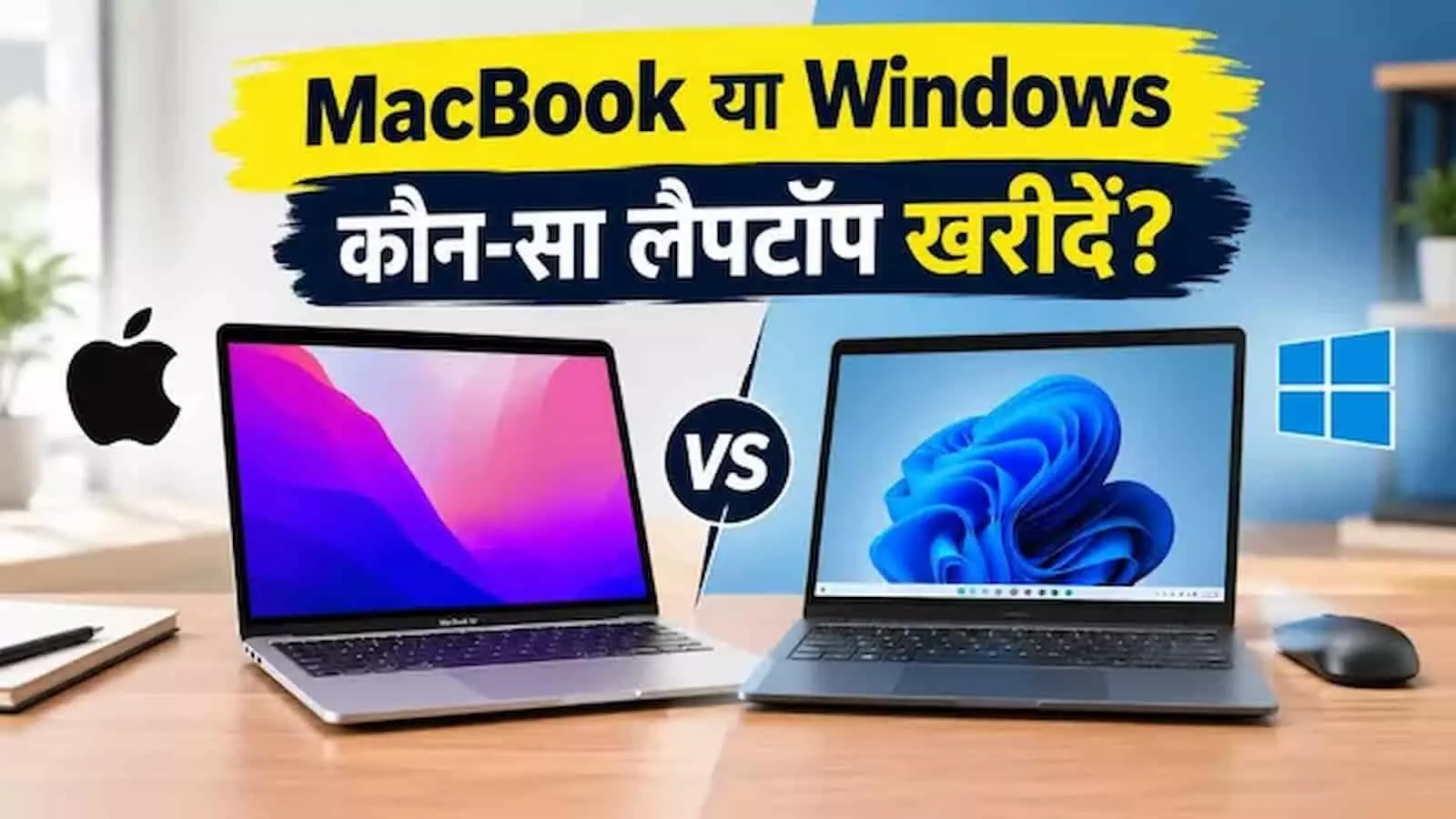 तस्वीर में मैकबुक और विंडोज लैपटॉप की तुलना दिखाई गई है जिसमें सही विकल्प चुनने की जानकारी है। तस्वीर में मैकबुक और विंडोज लैपटॉप की तुलना दिखाई गई है जिसमें सही विकल्प चुनने की जानकारी है।