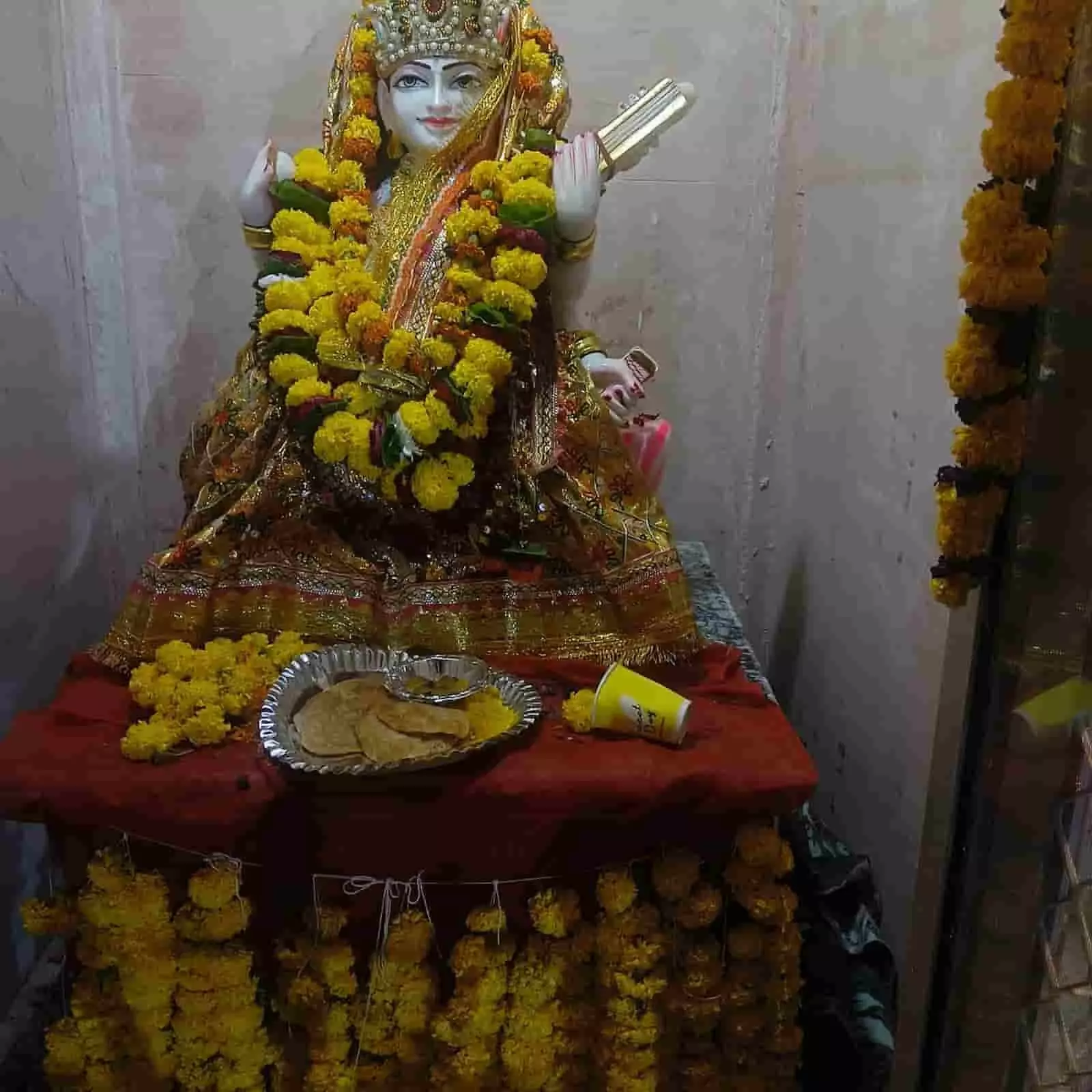 तस्वीर में डीग के राजकीय स्कूल में स्थापित मां सरस्वती की फूलों से सजी प्रतिमा दिख रही है। तस्वीर में डीग के राजकीय स्कूल में स्थापित मां सरस्वती की फूलों से सजी प्रतिमा दिख रही है।