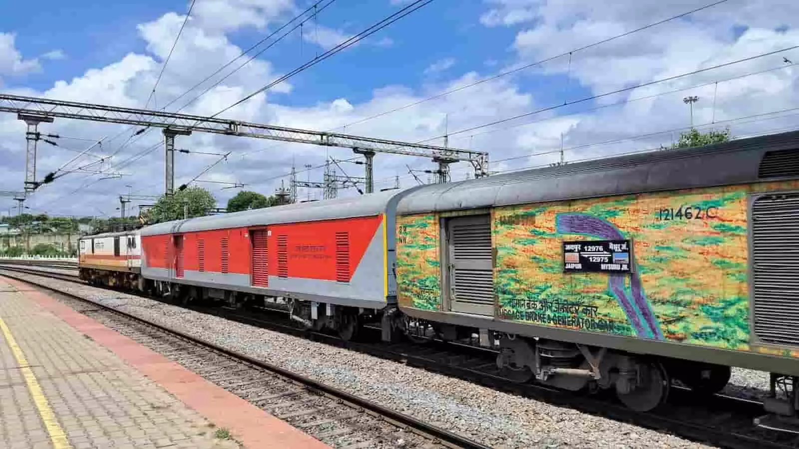 तस्वीर में रेलवे ट्रैक पर चलती जयपुर-मैसुरु एक्सप्रेस ट्रेन दिख रही है। तस्वीर में रेलवे ट्रैक पर चलती जयपुर-मैसुरु एक्सप्रेस ट्रेन दिख रही है।