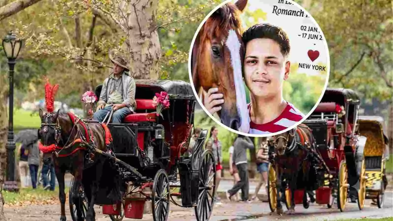 सेंट्रल पार्क में खड़ी घोड़ा-गाड़ी और इनसेट में भारतीय किशोर रोमांच महाजन की तस्वीर न्यूयॉर्क में। सेंट्रल पार्क में खड़ी घोड़ा-गाड़ी और इनसेट में भारतीय किशोर रोमांच महाजन की तस्वीर न्यूयॉर्क में।