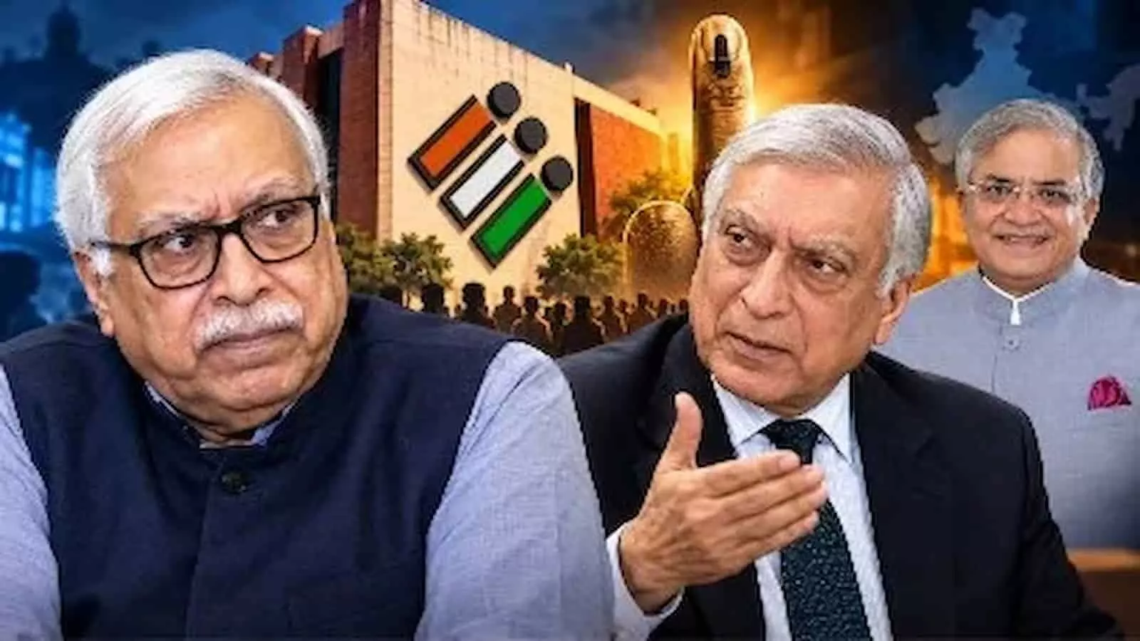 तस्वीर में पूर्व मुख्य चुनाव आयुक्त एसवाई कुरैशी, कंवल सिब्बल और चुनाव आयोग का प्रतीक चिह्न दिख रहा है। तस्वीर में पूर्व मुख्य चुनाव आयुक्त एसवाई कुरैशी, कंवल सिब्बल और चुनाव आयोग का प्रतीक चिह्न दिख रहा है।