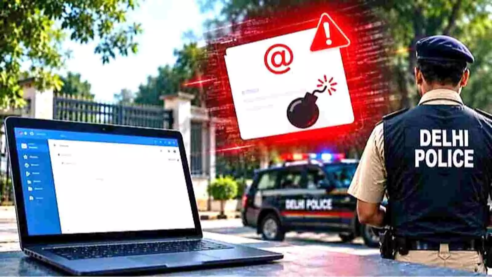 कंप्यूटर स्क्रीन और पुलिसकर्मी के साथ ईमेल धमकी जांच का दृश्य दिल्ली में कंप्यूटर स्क्रीन और पुलिसकर्मी के साथ ईमेल धमकी जांच का दृश्य दिल्ली में