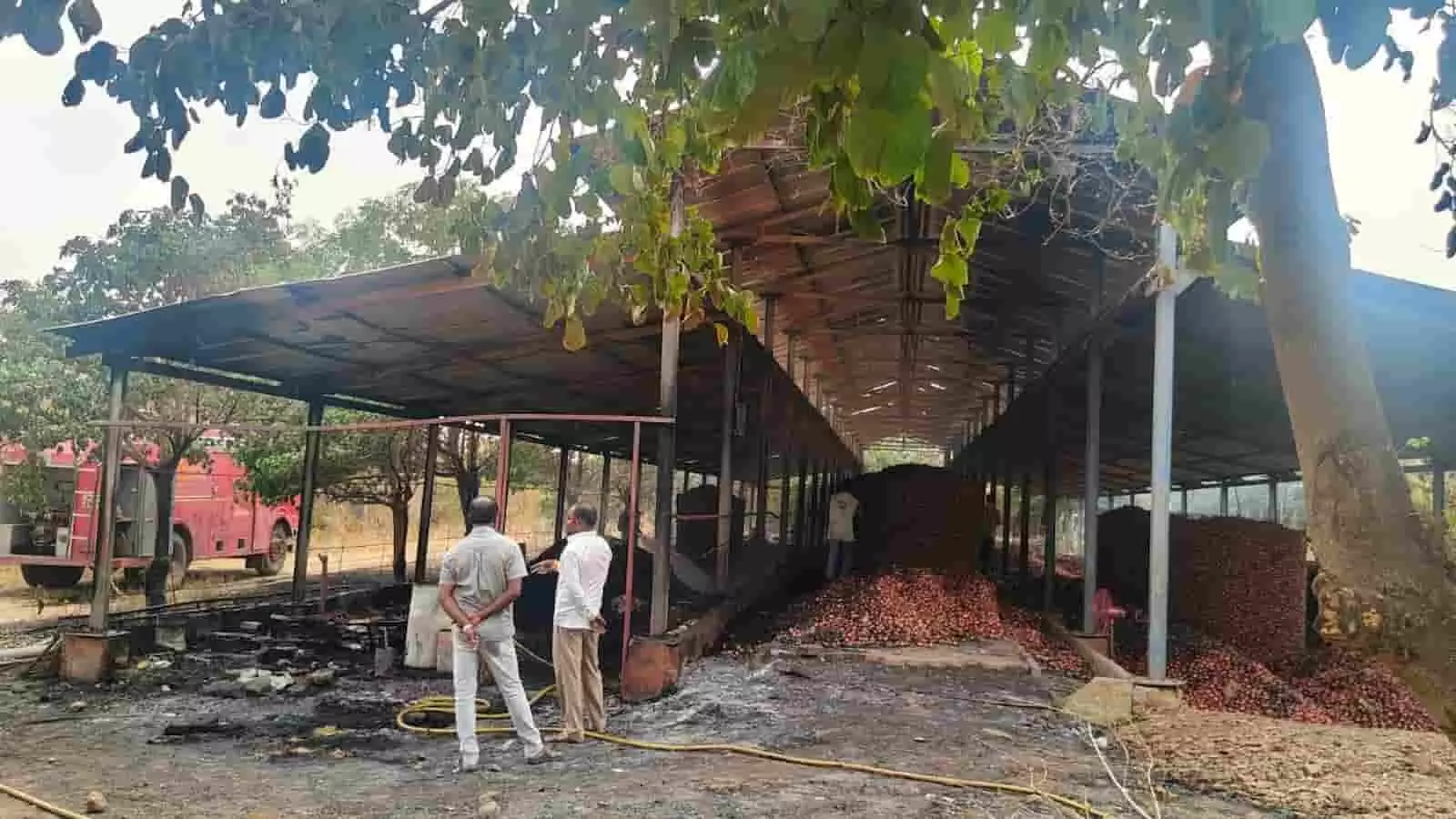 तस्वीर में पीरकल्याण स्थित राधिका सीड्स के जल चुके गोदाम का मुआयना करते लोग दिख रहे हैं।