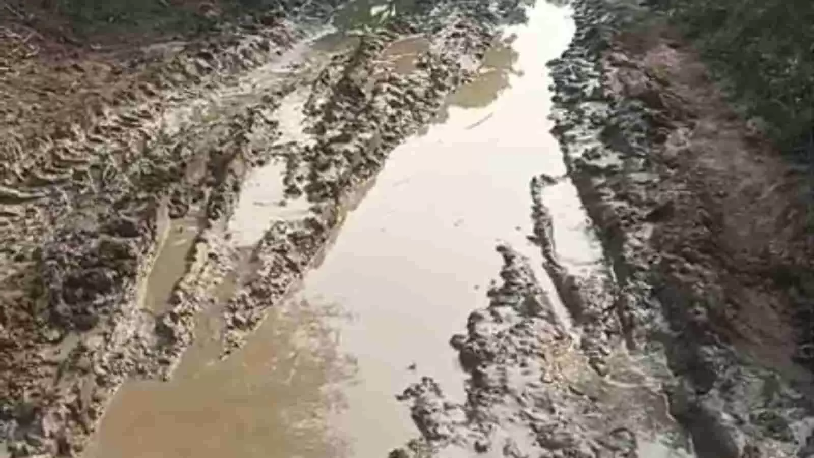 तस्वीर में झालावाड़ की उन्हेल ग्राम पंचायत में मनरेगा सड़क के नाम पर कीचड़ और गड्ढे दिख रहे हैं।