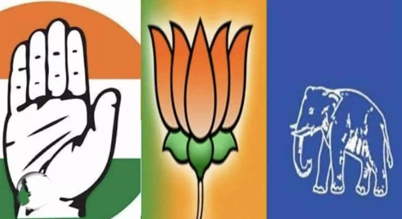 तस्वीर में बाएं से दाएं कांग्रेस का हाथ, भाजपा का कमल और बसपा का हाथी चुनाव चिन्ह दिख रहा है। तस्वीर में बाएं से दाएं कांग्रेस का हाथ, भाजपा का कमल और बसपा का हाथी चुनाव चिन्ह दिख रहा है।