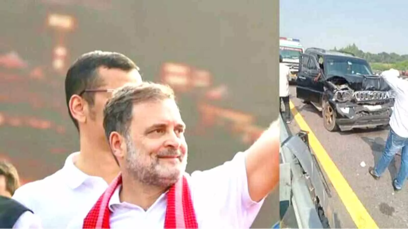 कांग्रेस सांसद राहुल गांधी और पूर्वांचल एक्सप्रेसवे पर दुर्घटनाग्रस्त हुई उनके काफिले की गाड़ी।
