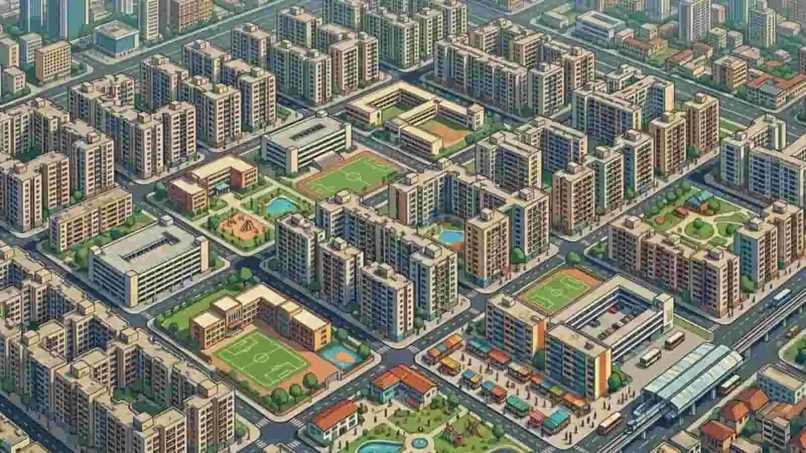 तस्वीर में मुंबई के किफायती आवासीय परिसरों का एक 3D लेआउट दिख रहा है। तस्वीर में मुंबई के किफायती आवासीय परिसरों का एक 3D लेआउट दिख रहा है।