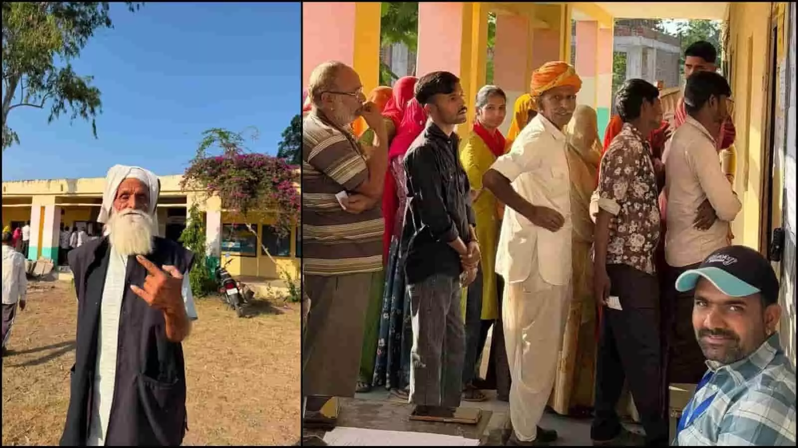 तस्वीर में उदयपुर के मतदान केंद्र पर कतार में खड़े ग्रामीण और उंगली पर स्याही दिखाता बुजुर्ग मतदाता। तस्वीर में उदयपुर के मतदान केंद्र पर कतार में खड़े ग्रामीण और उंगली पर स्याही दिखाता बुजुर्ग मतदाता।