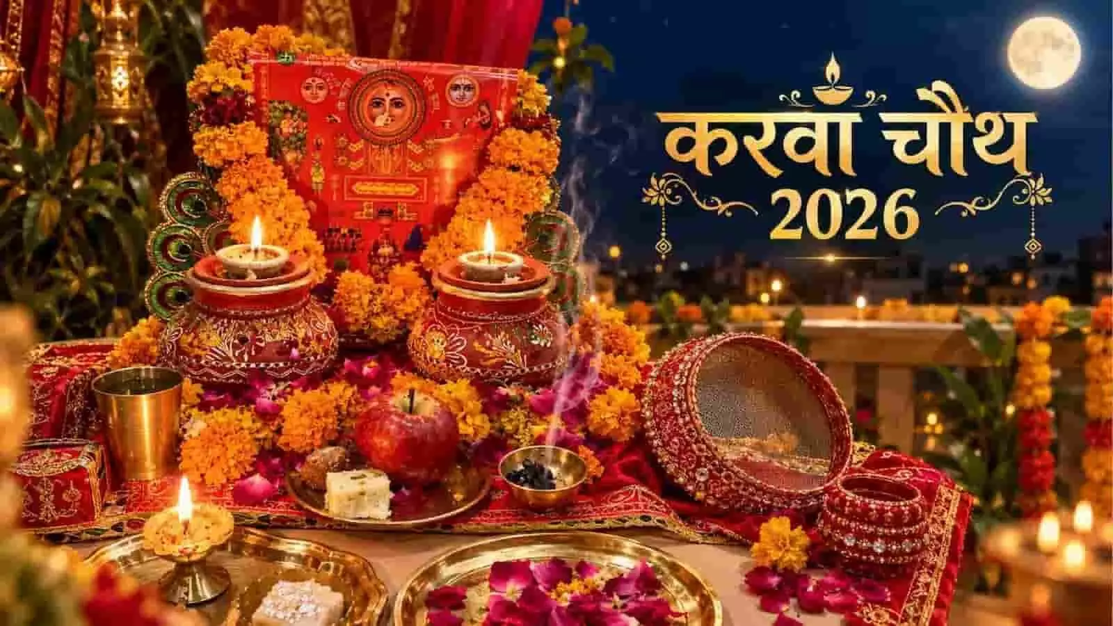 तस्वीर में करवा चौथ व्रत की पूजा सामग्री और चंद्रमा का सांकेतिक दृश्य दिखाई दे रहा है। तस्वीर में करवा चौथ व्रत की पूजा सामग्री और चंद्रमा का सांकेतिक दृश्य दिखाई दे रहा है।