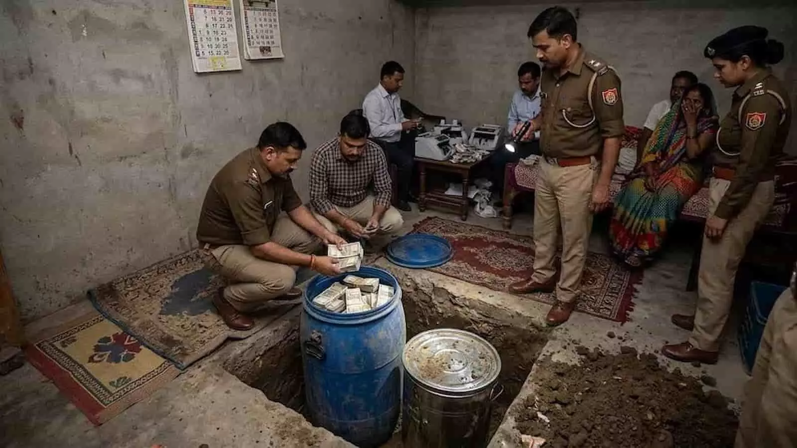 तस्वीर में पुलिसकर्मी प्रयागराज के नवाबगंज क्षेत्र में घर के फर्श के नीचे से मिले नोटों के ड्रम की जांच कर रहे हैं। तस्वीर में पुलिसकर्मी प्रयागराज के नवाबगंज क्षेत्र में घर के फर्श के नीचे से मिले नोटों के ड्रम की जांच कर रहे हैं।