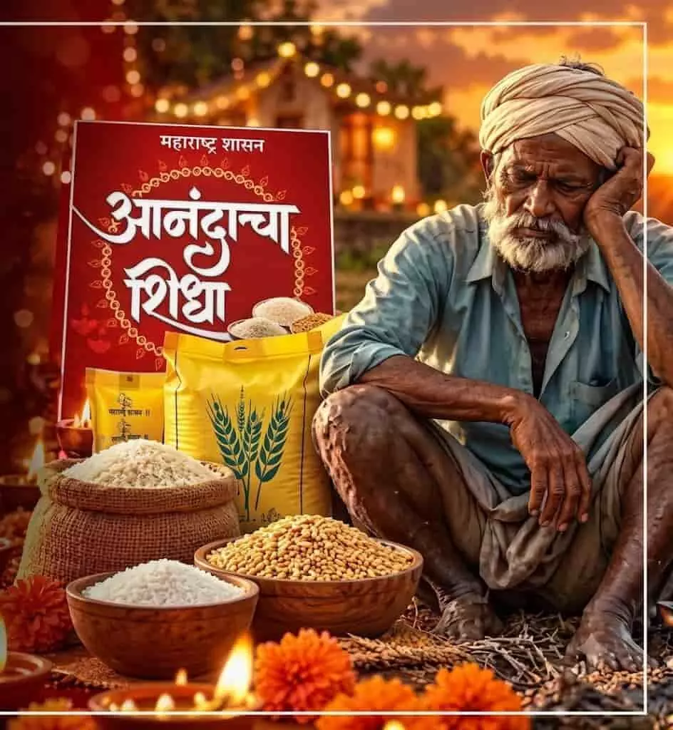 तस्वीर में महाराष्ट्र शासन के आनंदाचा शिधा लिखे बैनर और राशन सामग्री के पास निराश बैठे एक बुजुर्ग किसान को दिखाया गया है। तस्वीर में महाराष्ट्र शासन के आनंदाचा शिधा लिखे बैनर और राशन सामग्री के पास निराश बैठे एक बुजुर्ग किसान को दिखाया गया है।