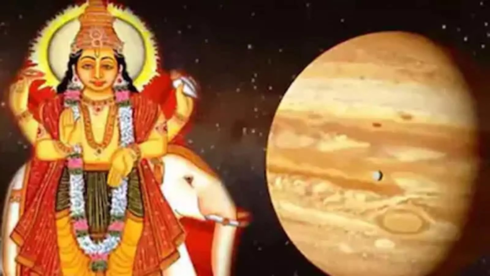 तस्वीर में भगवान बृहस्पति और गुरु ग्रह की छवि ज्योतिषीय गोचर के संदर्भ में दिख रही है।