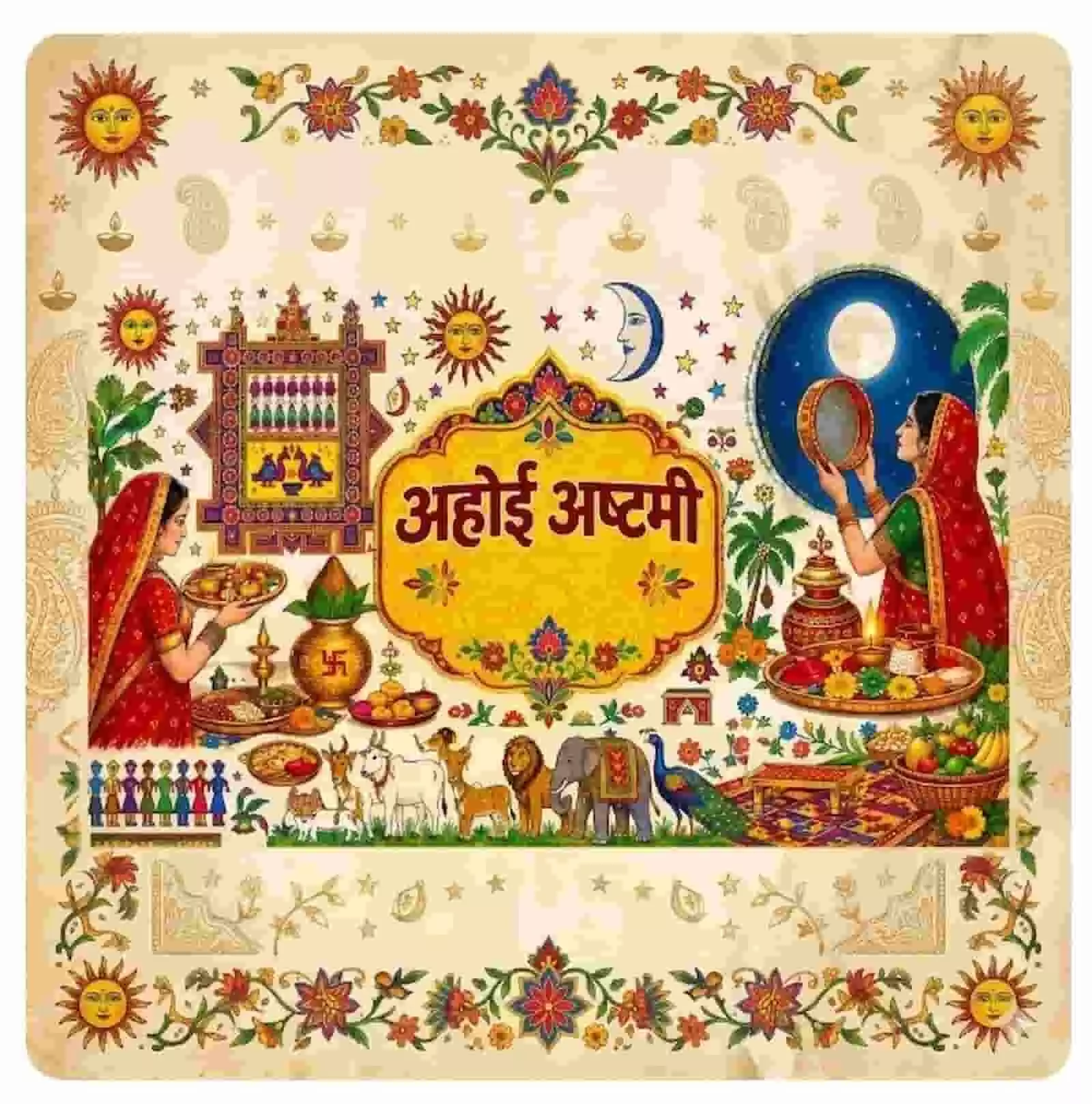 तस्वीर में अहोई अष्टमी पूजा का पारंपरिक चित्रांकन दिख रहा है। Image generated by AI for illustrative purposes. तस्वीर में अहोई अष्टमी पूजा का पारंपरिक चित्रांकन दिख रहा है। Image generated by AI for illustrative purposes.