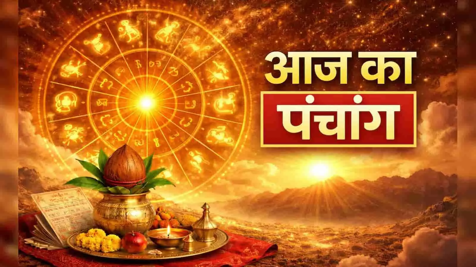 तस्वीर में ज्योतिषीय चक्र और पूजा सामग्री के साथ आज का पंचांग और शुभ मुहूर्त दर्शाया गया है। तस्वीर में ज्योतिषीय चक्र और पूजा सामग्री के साथ आज का पंचांग और शुभ मुहूर्त दर्शाया गया है।